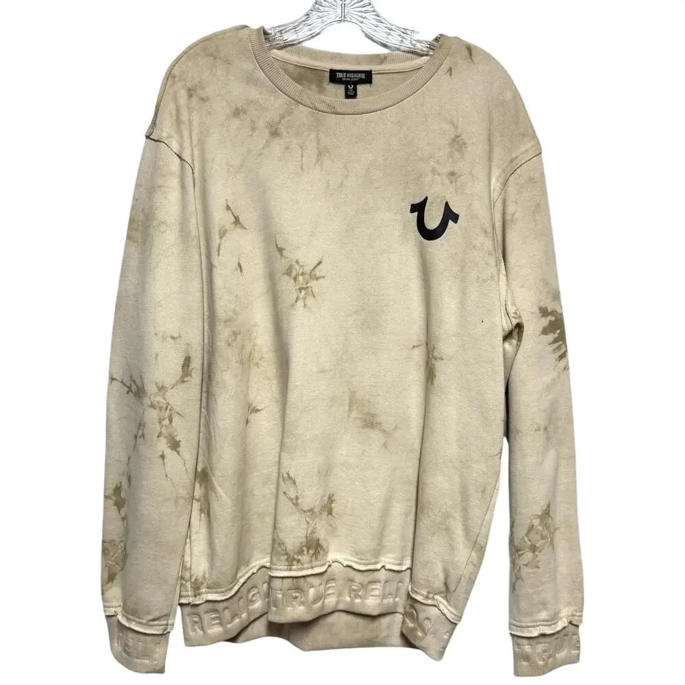 True Religion Debossed Rib Pullover Tie Dye Crew Neck Sweatshirt Tan Beige Large